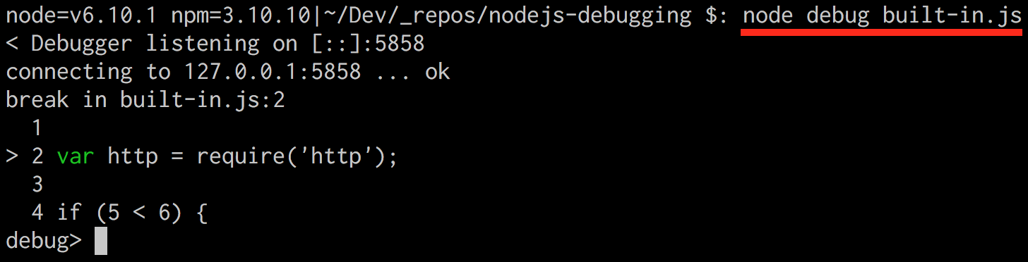 An example of starting an application with the built-in Node.js debugger